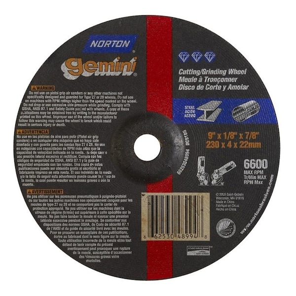 Norton Co Grinding Wheel, Depressed Center, Type 27 - Metal - Gemini Alum Oxide, 9 x 1/8 x 7/8, Max RPM: 6600 662530-48994 - main